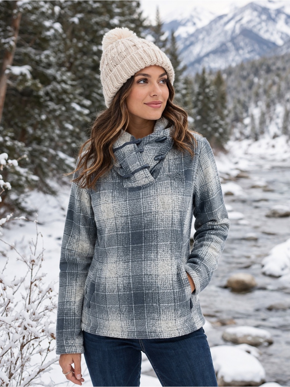 North Face Crescent Hooded Pullover Blue Plaid S